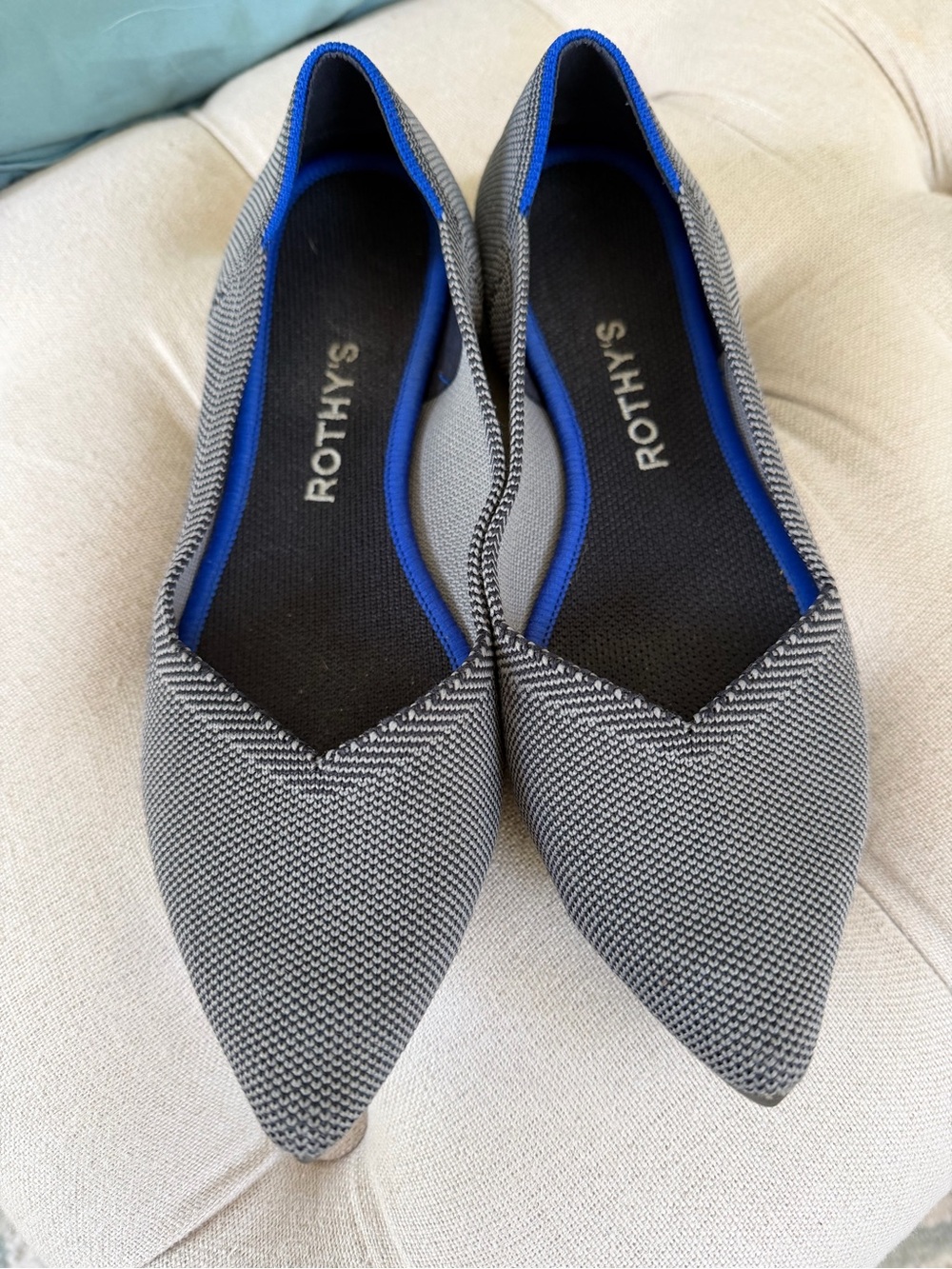 Rothy's Pointed Flats in Gray with Blue Trim